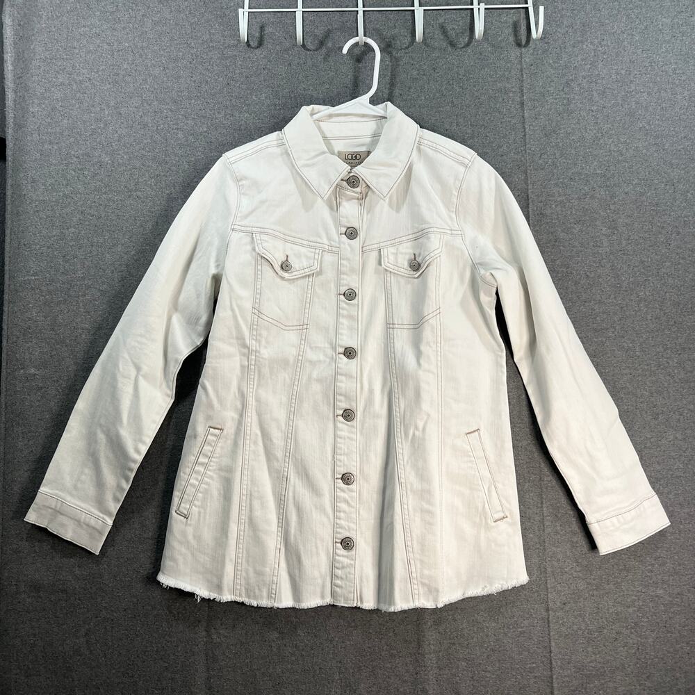 LOGO by Lori Goldstein Jeans Jacket Size 6 White Button Up with Frayed Hem
